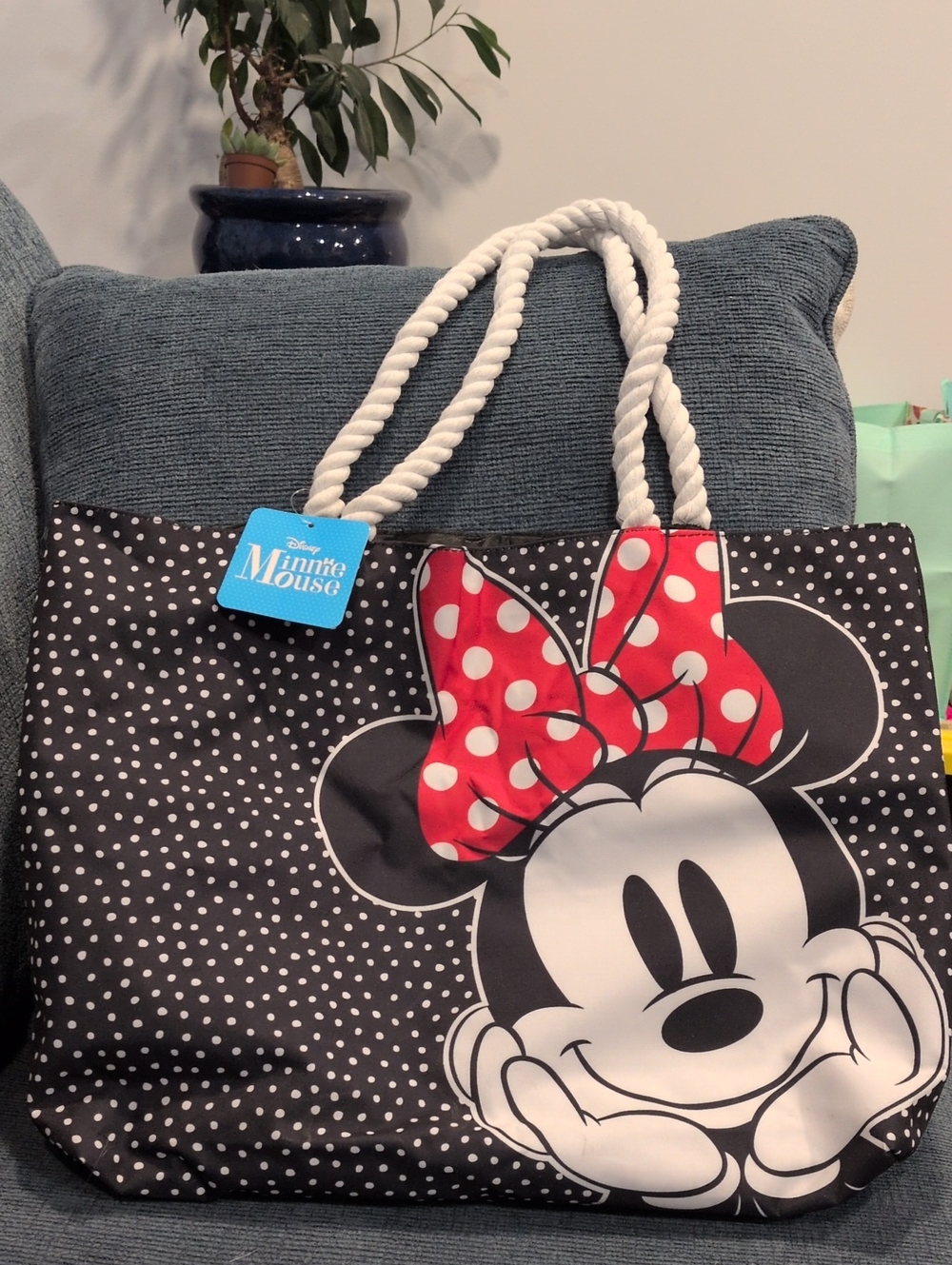 Disney Minnie Mouse Black and Red Polka Dot Rope Handle Tote